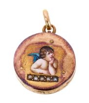 Victorian gold and enamel circular locket, the front depicting an angel, 25mm x 17.3mm diameter.