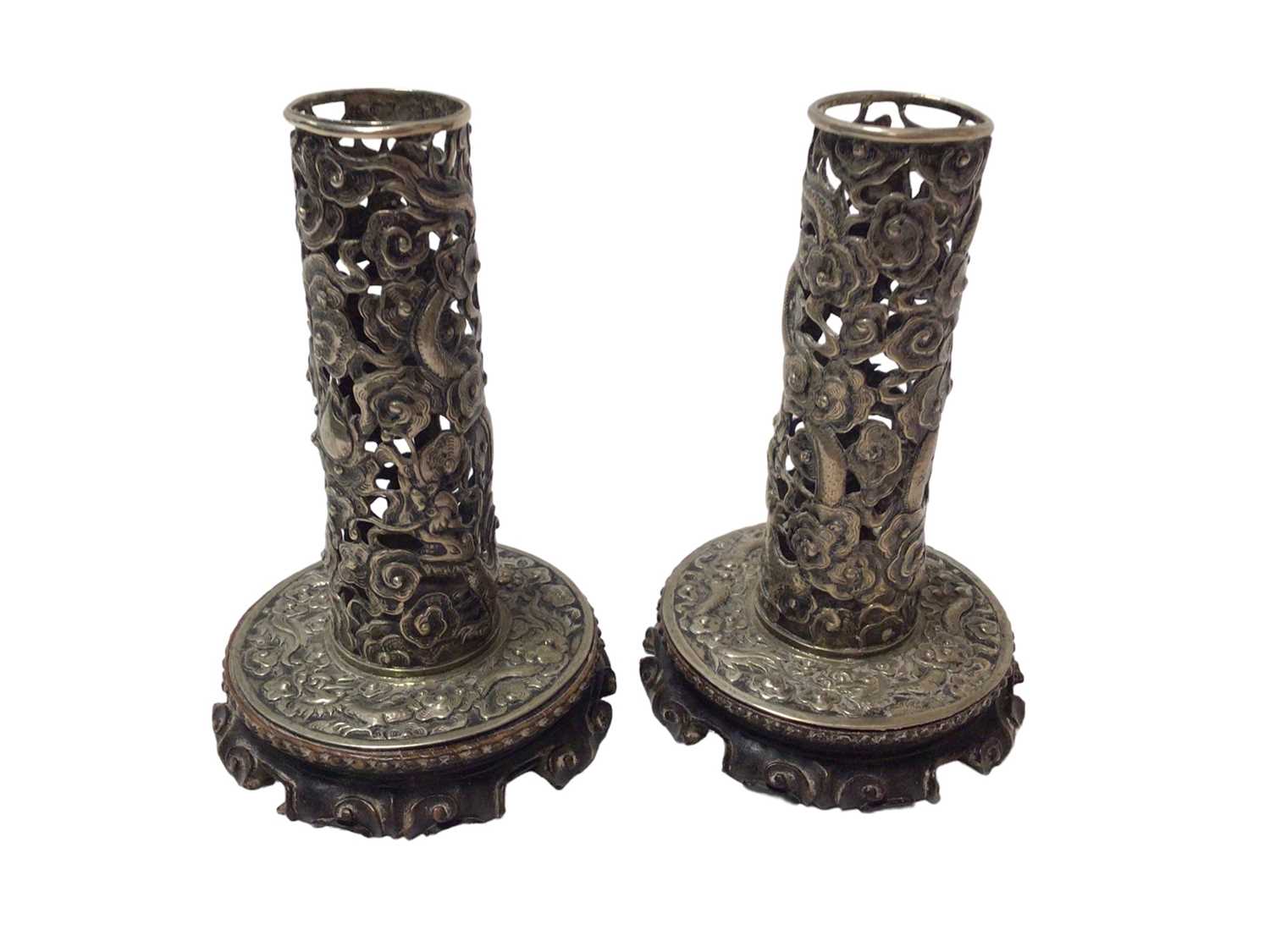 Pair of Chinese white metal candlesticks with pierced dragon decoration on carved wood bases - Image 2 of 6
