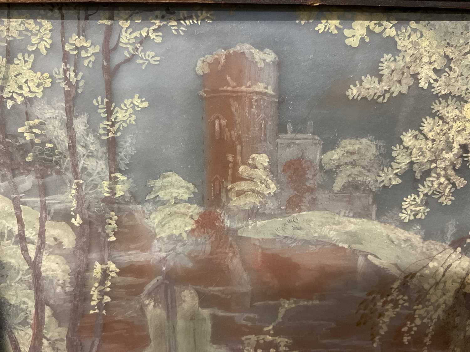 18th century reverse painting on glass, depicting figures in a romantic landscape, 29 x 21cm, framed - Image 4 of 4