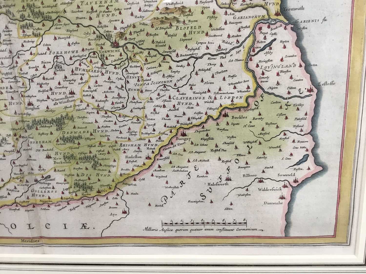 J Blaeu - hand coloured map of Norfolk, c1650. Framed and glazed. - Image 7 of 11