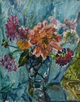 *Mary Millar Watt (1924-2023) oil on board - Dahlias and Michaelmas Daisies, titled to label verso,