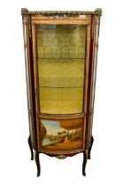 Continental bowfront satinwood and painted vitrine or display cabinet, 19th century style