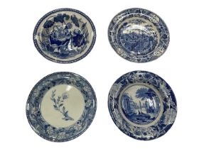 Wedgwood Stone China blue printed waterlily pattern deep plate, and three other blue printed plates