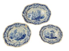 Set of three Wedgwood graduated meat dishes, printed in blue with a Chinese river landscape