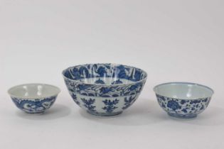 Three antique Chinese porcelain blue and white bowls
