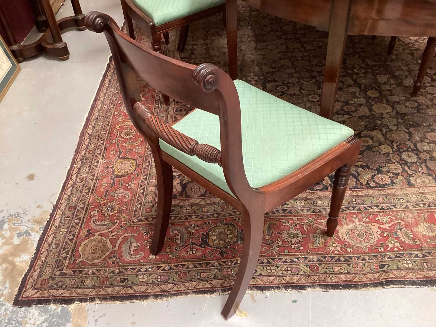 Set of six Regency mahogany bar back dining chairs, each with slip in seat on ring turned legs - Image 4 of 8