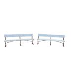 Large pair of antique wrought iron and slatted benches, 225cm wide