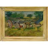 Della Chapman (1931-2022) oil on canvas - Harvest Wagons, an oil sketch verso, inscribed, 51cm x 76c