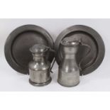 Pair of 18th century broad rimmed pewter plates and two pewter flagons