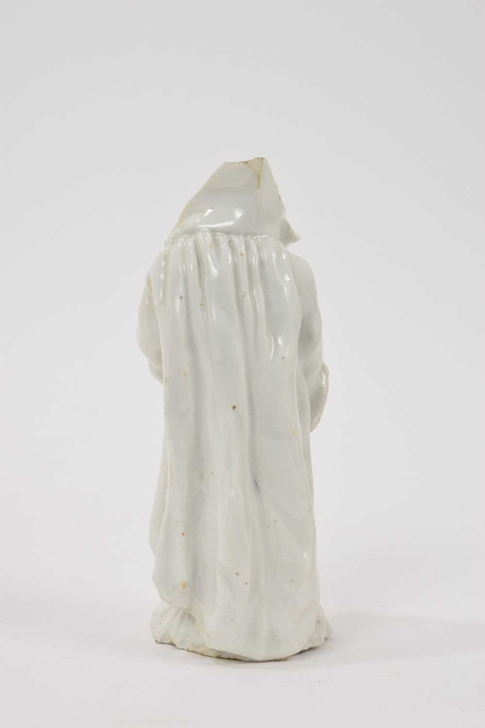 18th century white glazed porcelain figure of a man in a greatcoat, losses and restoration - Bild 3 aus 7