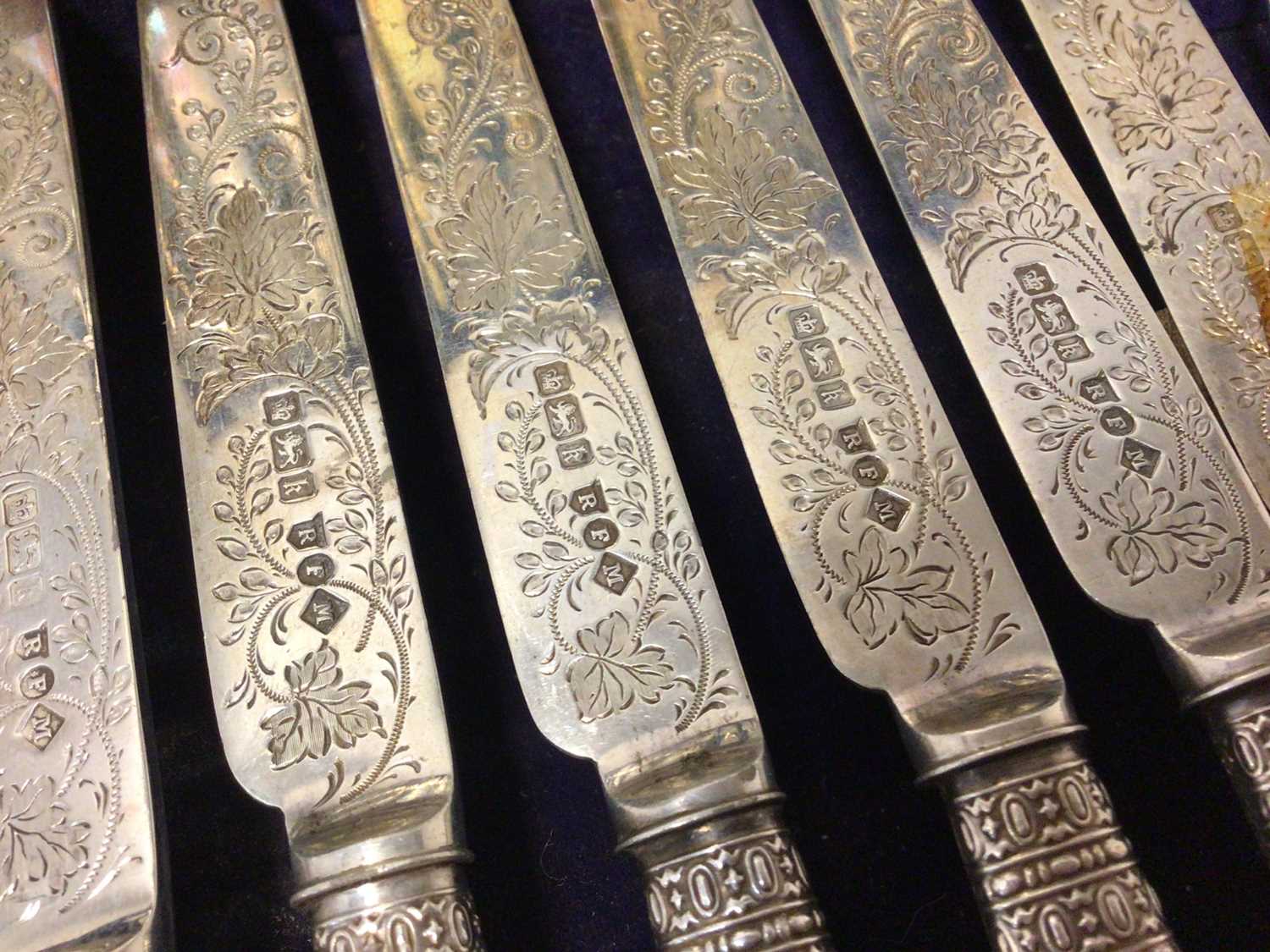 Cased set of 12 pairs of Edwardian silver and mother of pearl desert knives and forks - Image 4 of 5