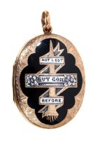 Victorian mourning locket with black and white enamel front 'Not Lost But Gone Before' with engraved