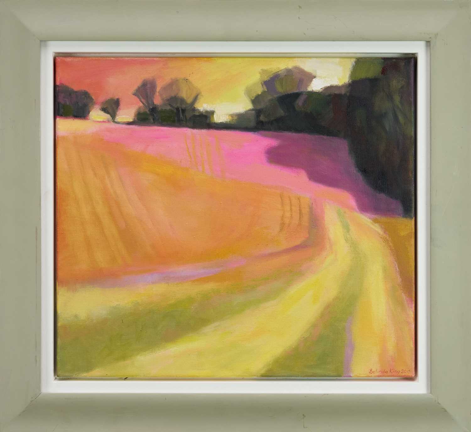 Belinda King (Contemporary) oil on canvas - Assington Field Edge, signed and dated 2010, label verso