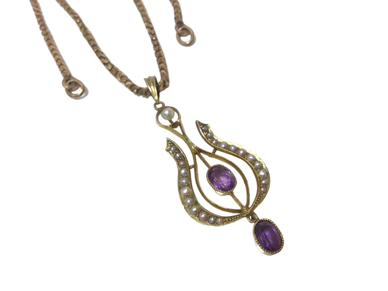 Edwardian 14K gold sapphire and seed pearl bar brooch and similar amethyst and seed pearl pendant on - Image 4 of 5