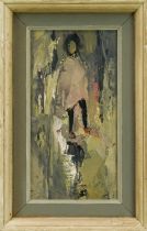 *Robert Sadler (1909-2001) acrylic on board - Girl in smock, signed, 28cm x 15cm