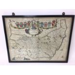 Johannes Blaeu: 17th century hand tinted engraved map of Suffolk