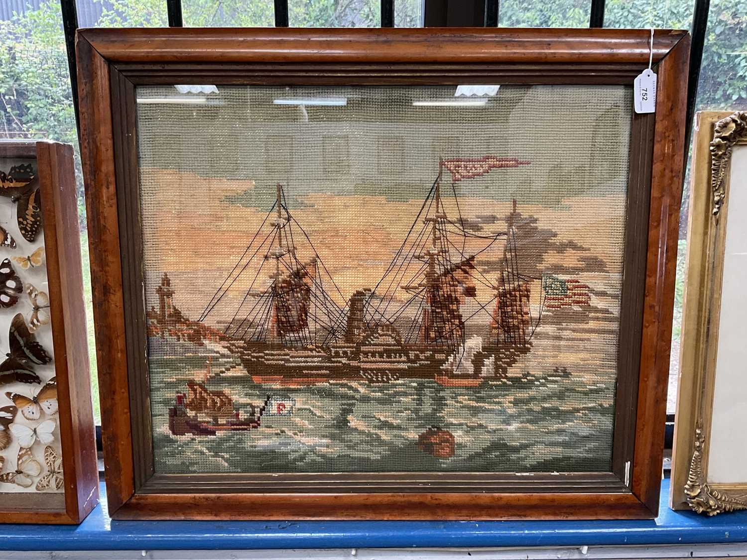 19th century woolwork picture of an American steamship, in glazed maple veneered frame - Image 6 of 6