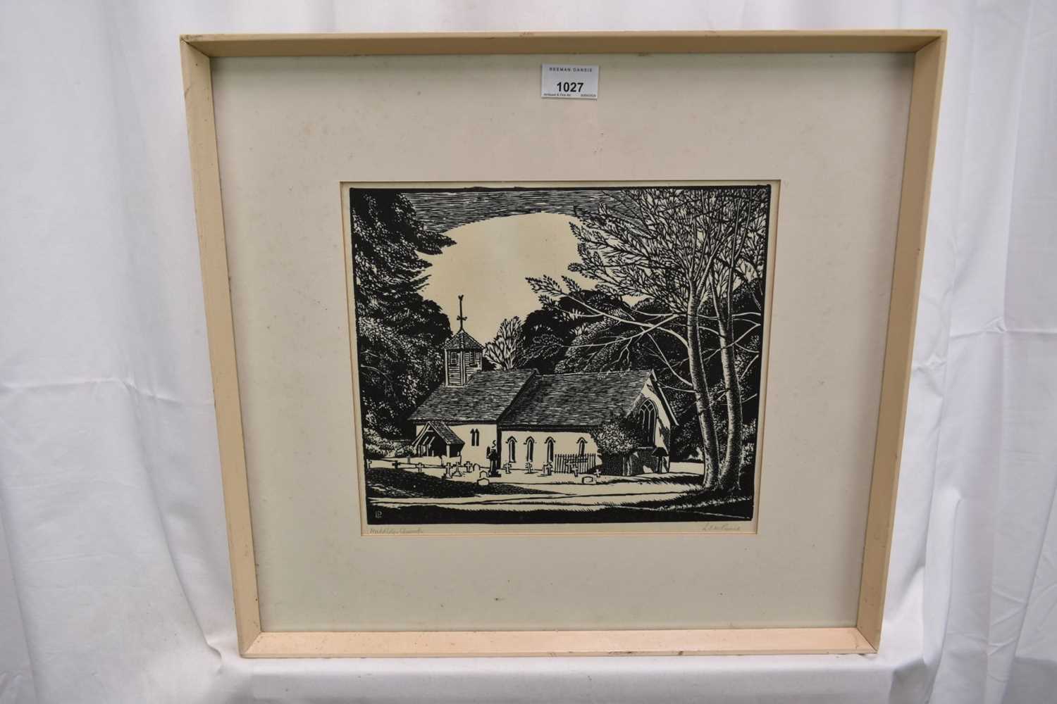 Louis Prince (act.1923-1959) linocut - Middleton Church, signed and titled below in pencil, and sig - Image 2 of 3