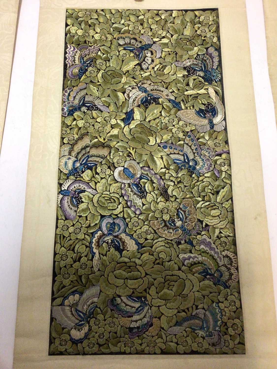 Two Chinese silk embroidered scrolls with butterflies and another earlier in date - Image 5 of 10