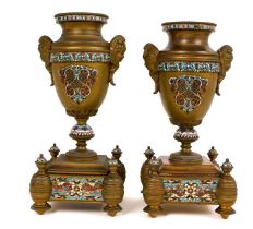 Two 19th century French brass and champlevé enamel urns