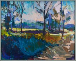 Diane Hughes (b.1943) acrylic on canvas - Winter Watermeadows, titled to label verso, 80cm x 100cm,