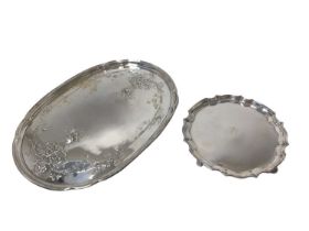 George V silver oval dressing table tray and a silver card salver (2)