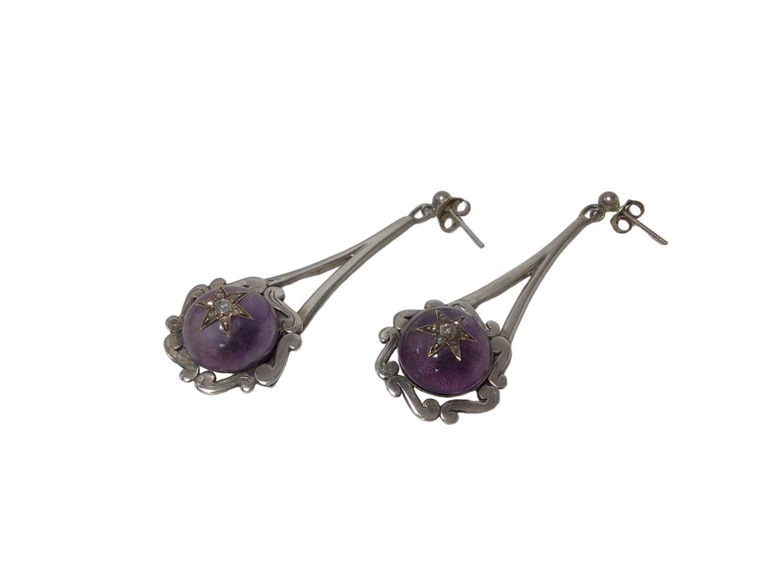 Pair of cabochon amethyst and diamond pendant earrings in later silver setting