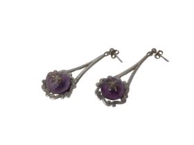 Pair of cabochon amethyst and diamond pendant earrings in later silver setting
