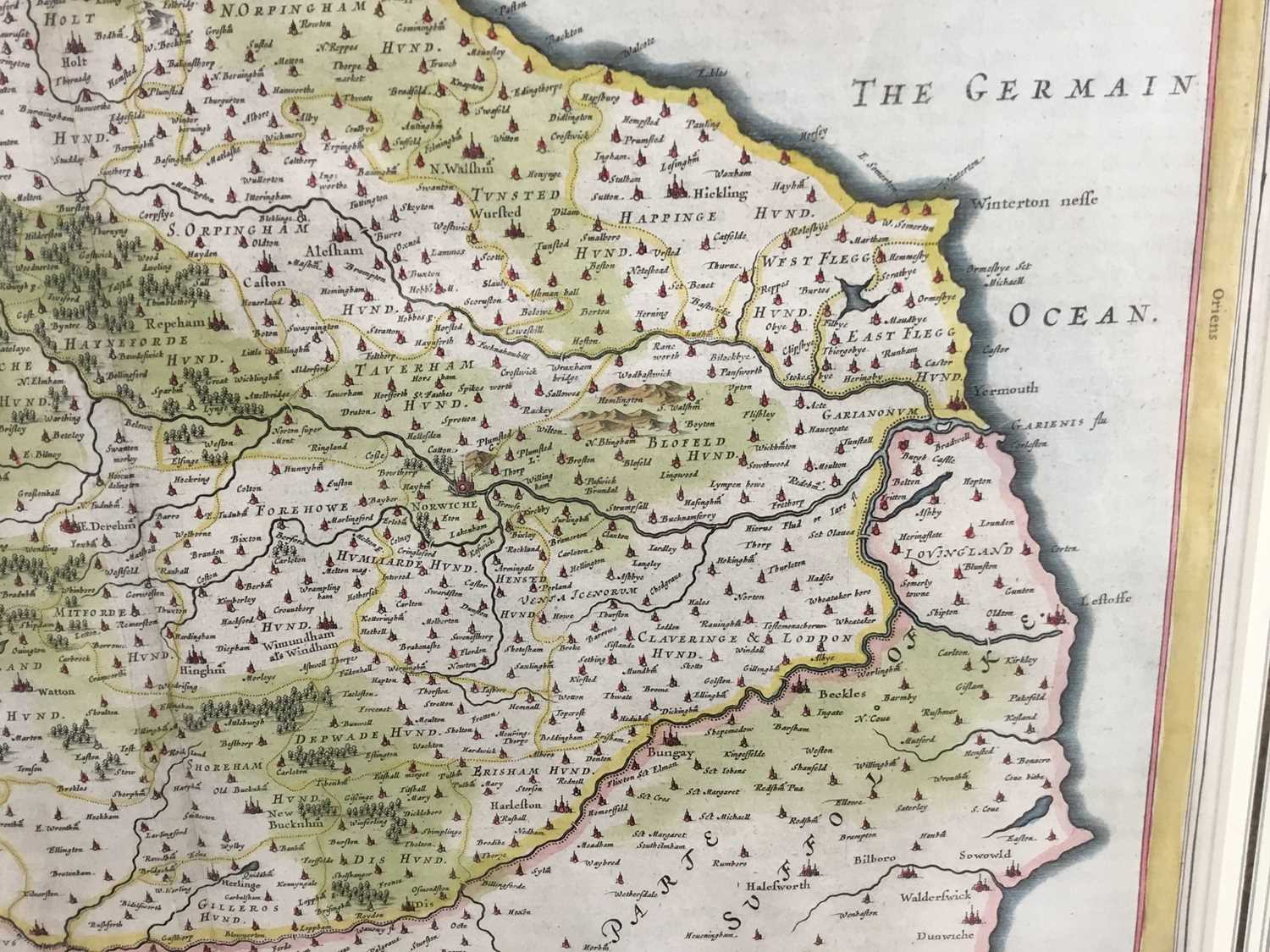 J Blaeu - hand coloured map of Norfolk, c1650. Framed and glazed. - Image 6 of 11