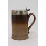 Large Georgian stoneware salt glaze 2 1/2 pint tankard with silver hinged lid