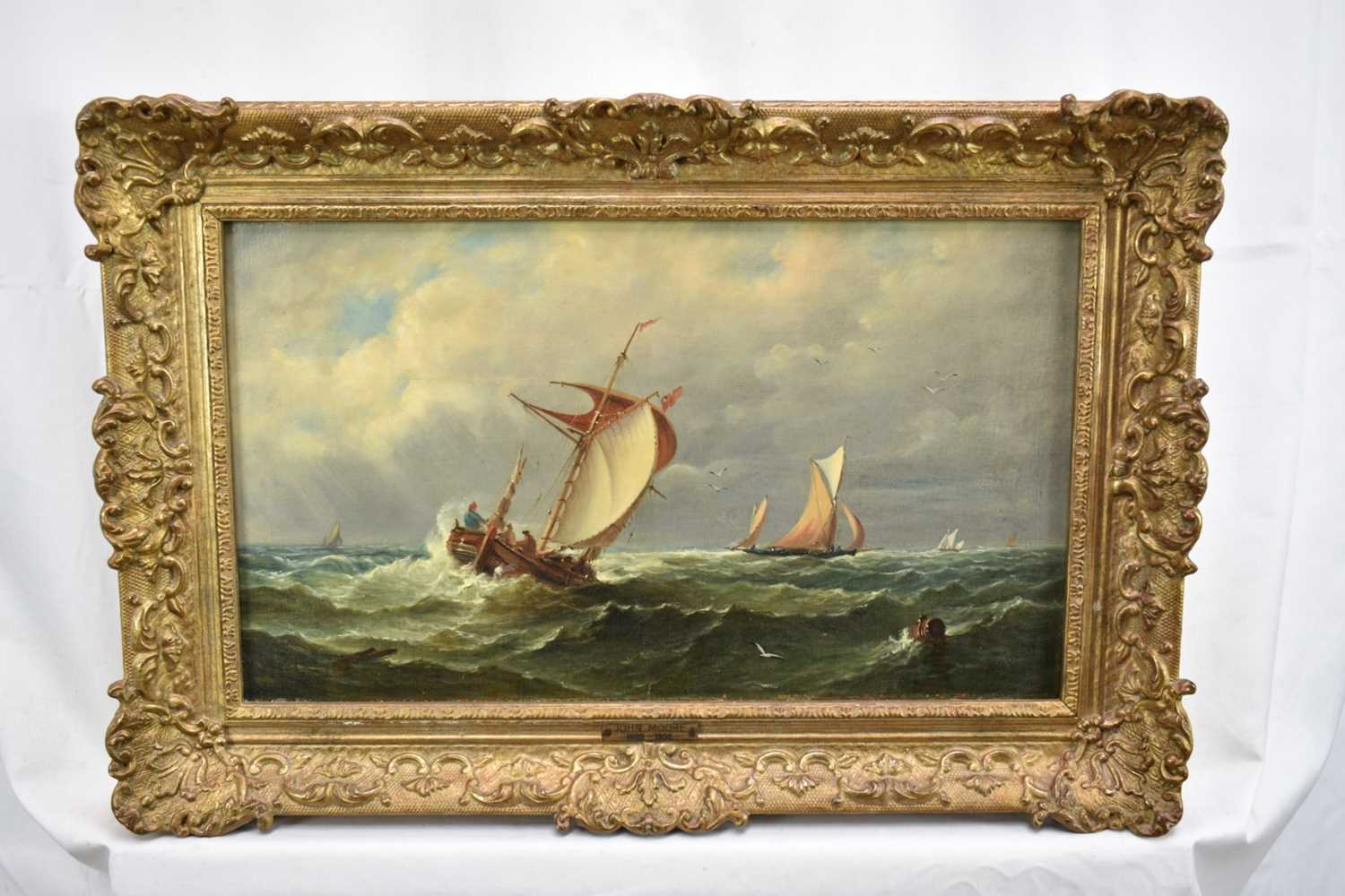 John Moore of Ipswich (1820-1902) oil on canvas - Fishing boats in a Swell, signed, in gilt frame - Image 2 of 11