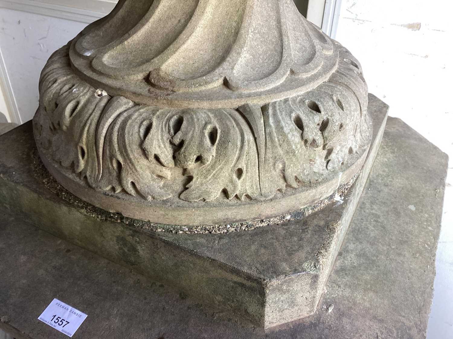 A fine antique reconstituted stone garden urn and cover on plinth, with detachable lid, female carya - Image 16 of 20