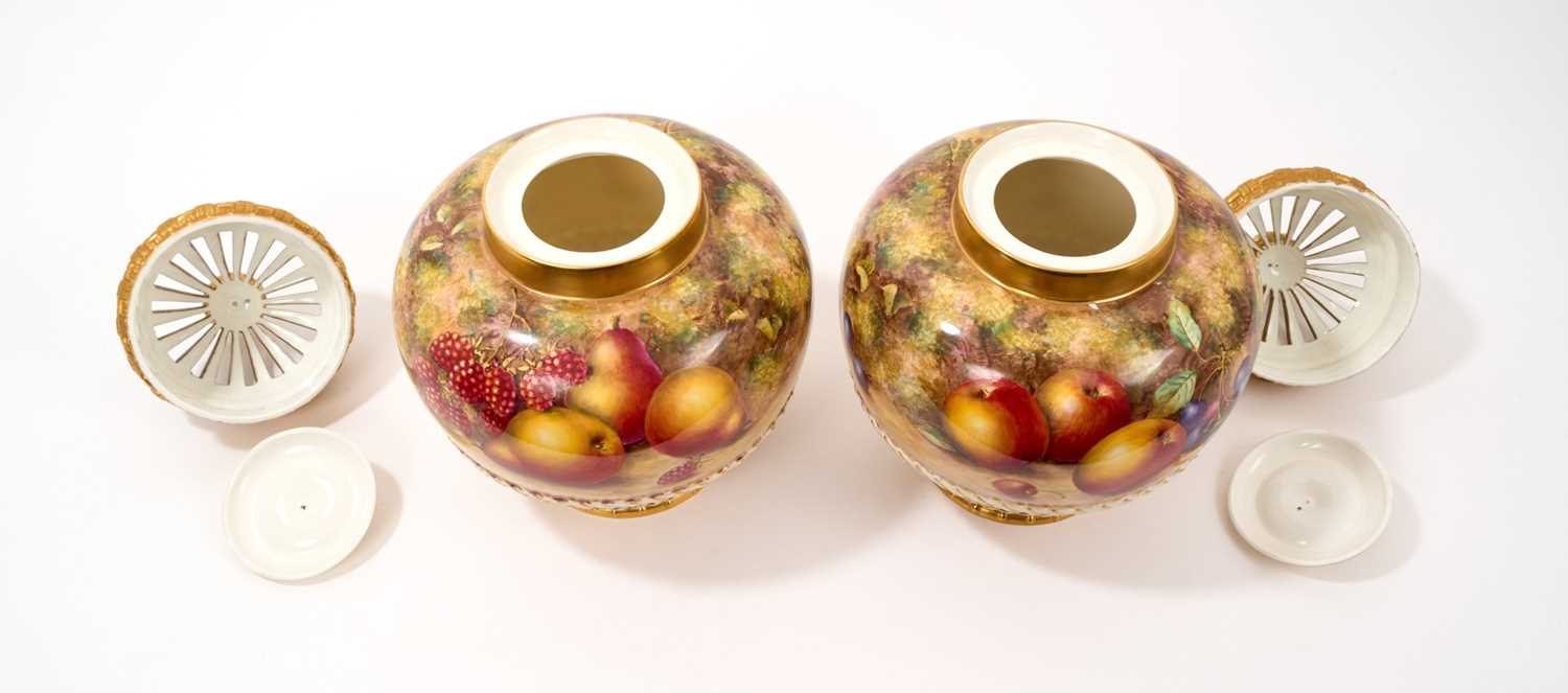 Pair of Royal Worcester pot pourri vases, covers and inner covers, painted by Freeman - Image 2 of 5