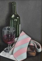 *Jacqueline Taber (b.1946) three oil on canvas still lives - Wine bottle and tie, 32cm x 22cm, Cherr