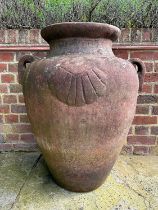 Set of four terracotta garden urns of Grecian form, 79cm high
