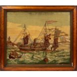 19th century woolwork picture of an American steamship, in glazed maple veneered frame
