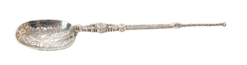 George VI Coronation souvenir silver anointing spoon, with engraved oval bowl and ornate stem