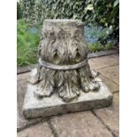 Antique reconstituted stone/coade stone capital with acanthus leaf design, 32cm high x 34cm wide.