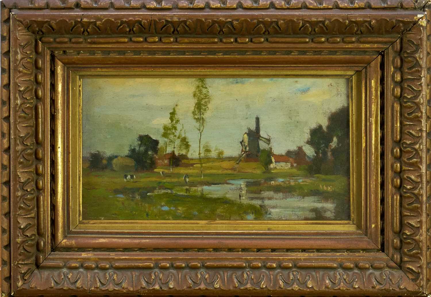 Bertram Priestman (1868-1951) oil on panel - Landscape with Windmill, 11.5cm x 21.5cm, in glazed gil