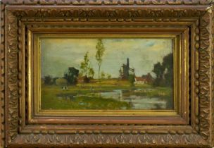 Bertram Priestman (1868-1951) oil on panel - Landscape with Windmill, 11.5cm x 21.5cm, in glazed gil