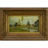 Bertram Priestman (1868-1951) oil on panel - Landscape with Windmill, 11.5cm x 21.5cm, in glazed gil