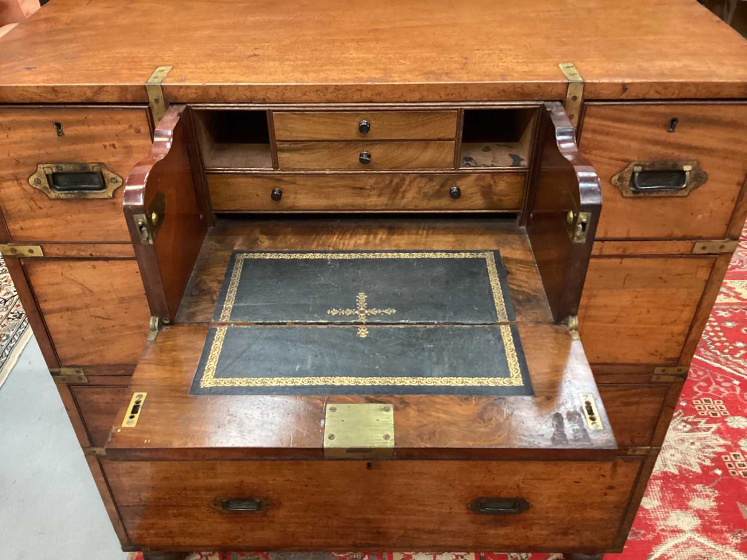 Victorian mahogany and brass bound secretaire campaign chest, in two parts - Image 2 of 10