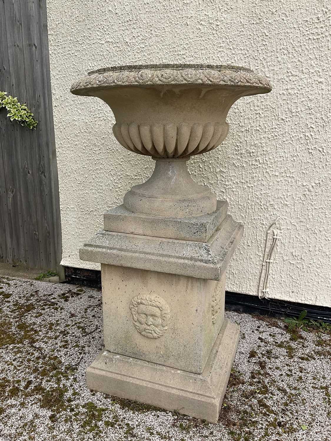 Large pair of reconstituted stone garden urms of campagna form with egg and dart rim, reeded bowl on - Image 4 of 15