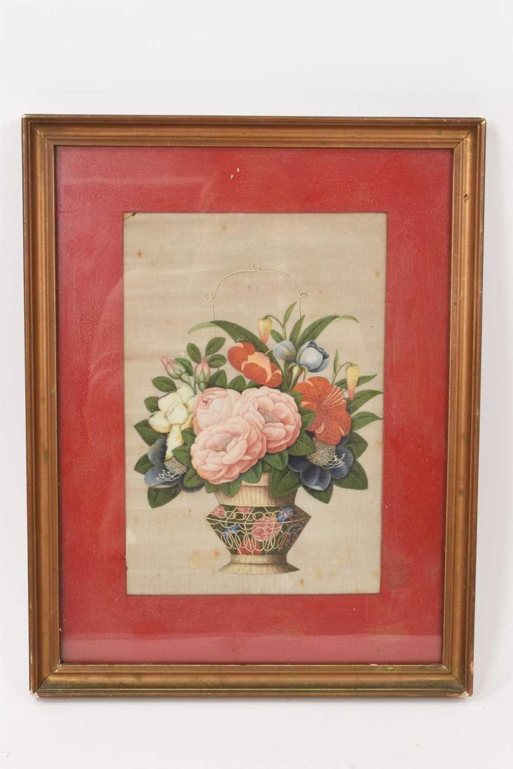 Chinese painting on pith paper of a vase of flowers, glazed frame