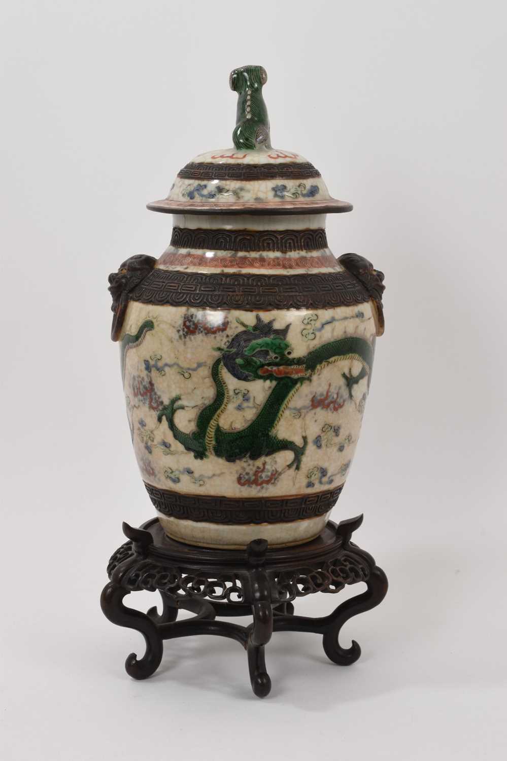 Chinese famille verte crackle glazed vase and cover, circa 1900, decorated with dragons chasing a fl - Image 4 of 8