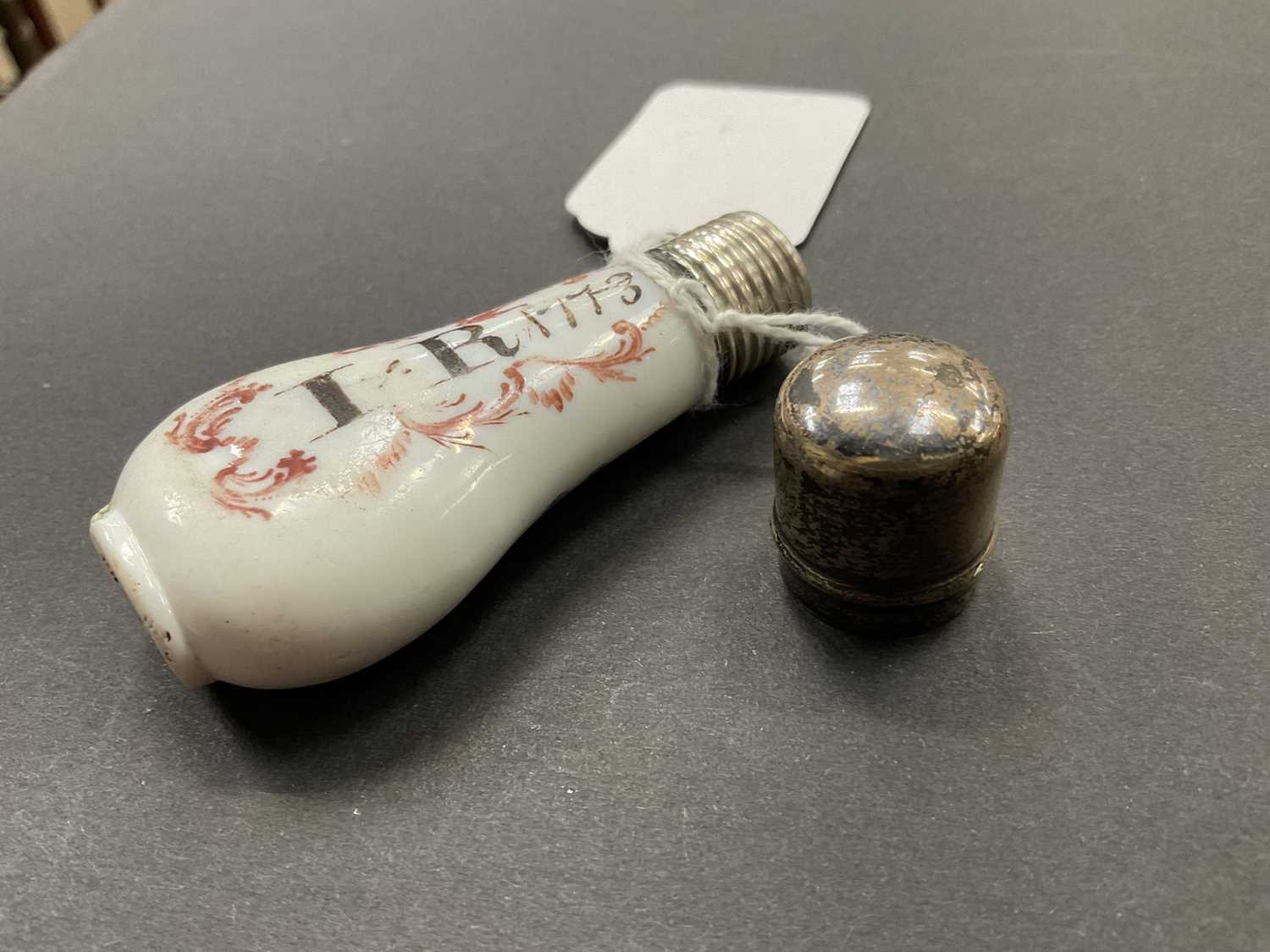 George III milk glass scent bottle, titled and dated IR 1773 - Image 3 of 7