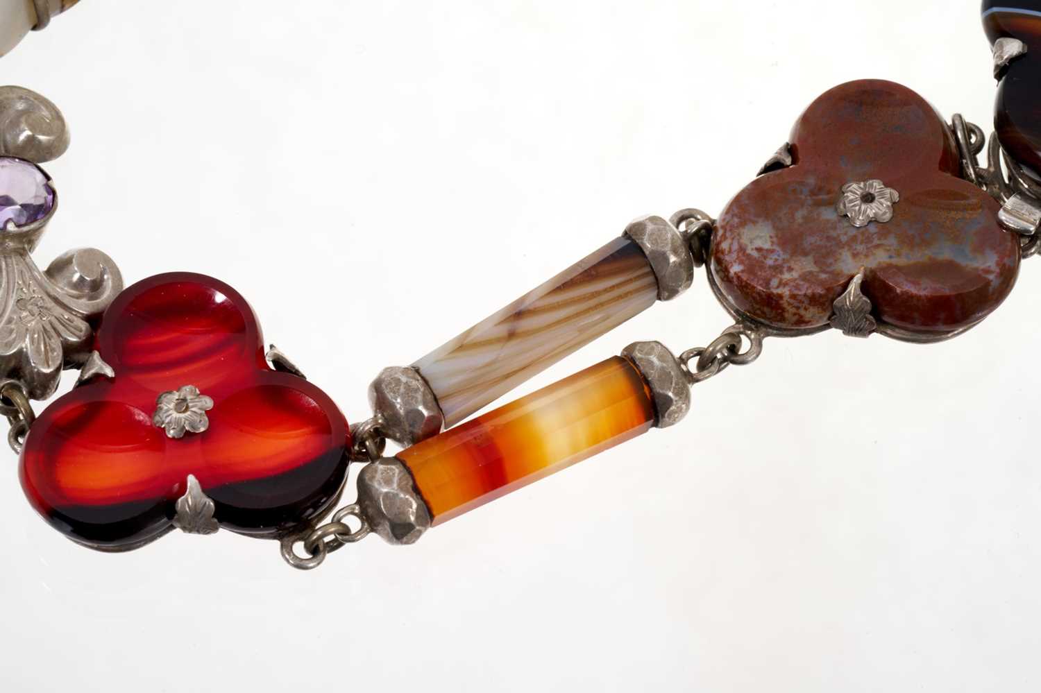19th century Scottish hardstone, agate and gem set silver necklace, 41cm long