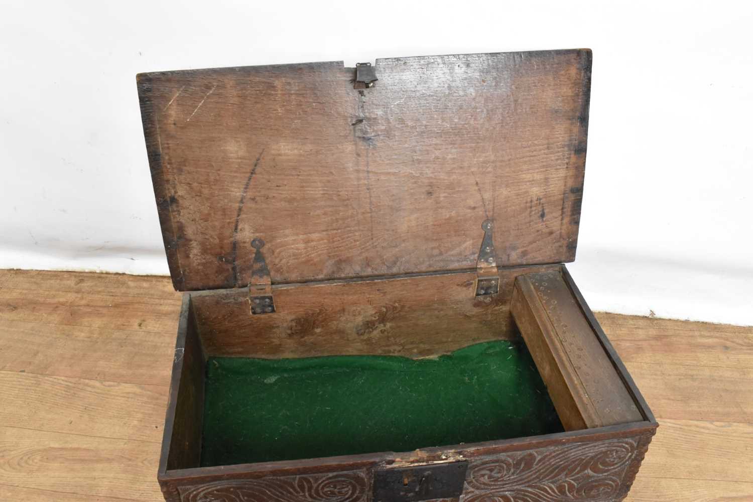 Carved oak bible box, dated 1686 - Image 4 of 4