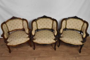 Set of three French walnut framed tub chairs