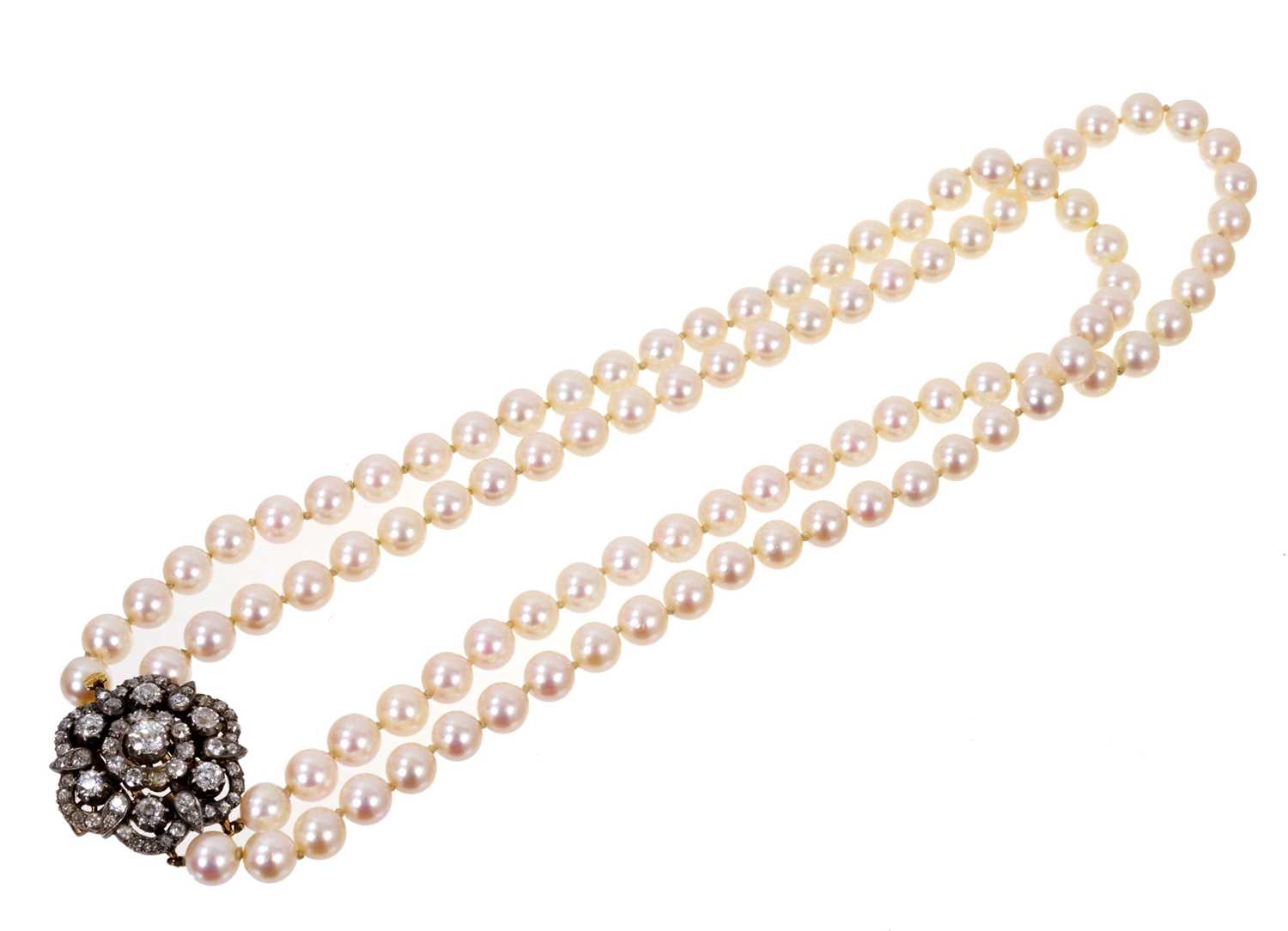 Cultured pearl two-strand necklace with a Victorian diamond cluster clasp